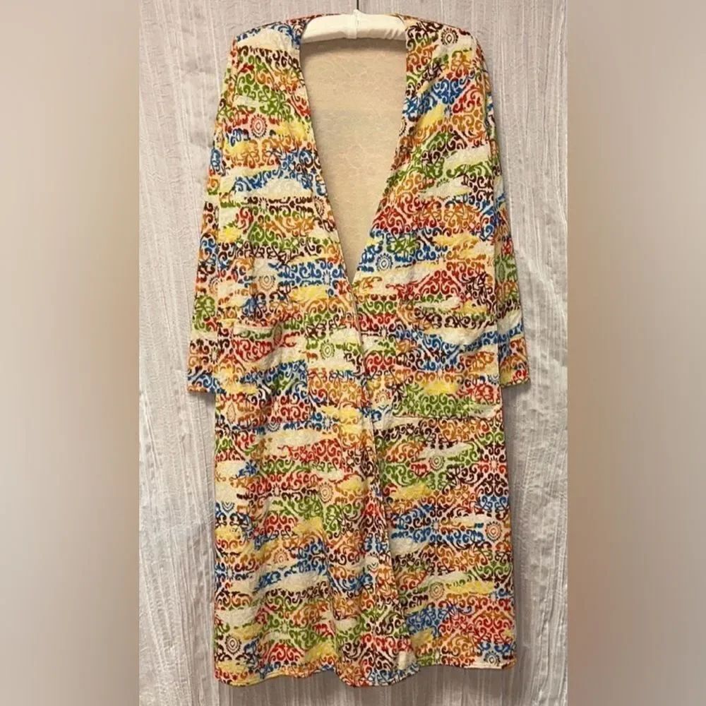 LuLaRoe S Sarah Ivory Long Multicolored Jacquard Knit Cardigan Sweater Duster
